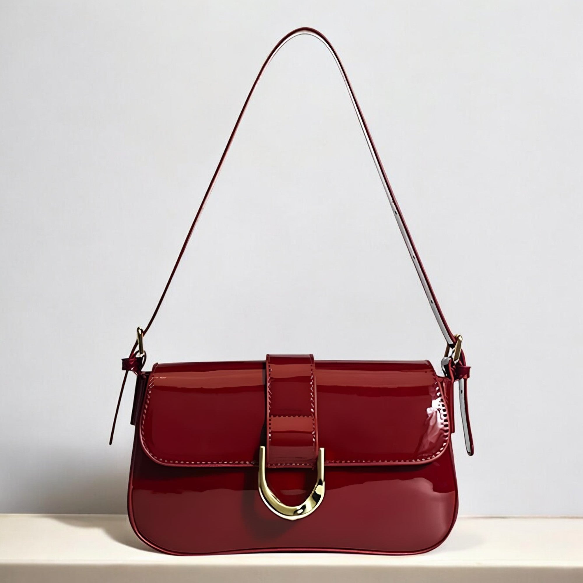 Solea | Vegan Patent PU Leather Baguette Bag – Adjustable Strap & Gold D - Buckle - in Red | Arvea Bags