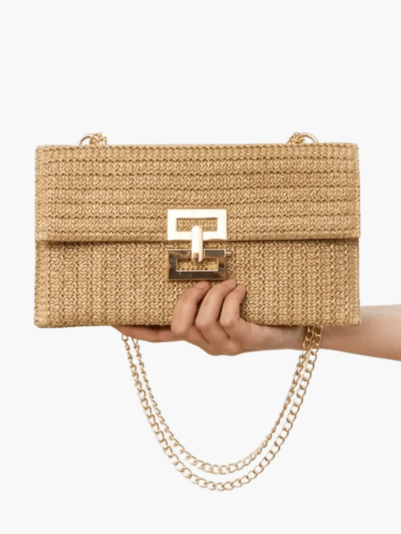 Soleil | Woven Raffia Chain Shoulder Bag – Effortless Chic - in Khaki | Arvea Bags