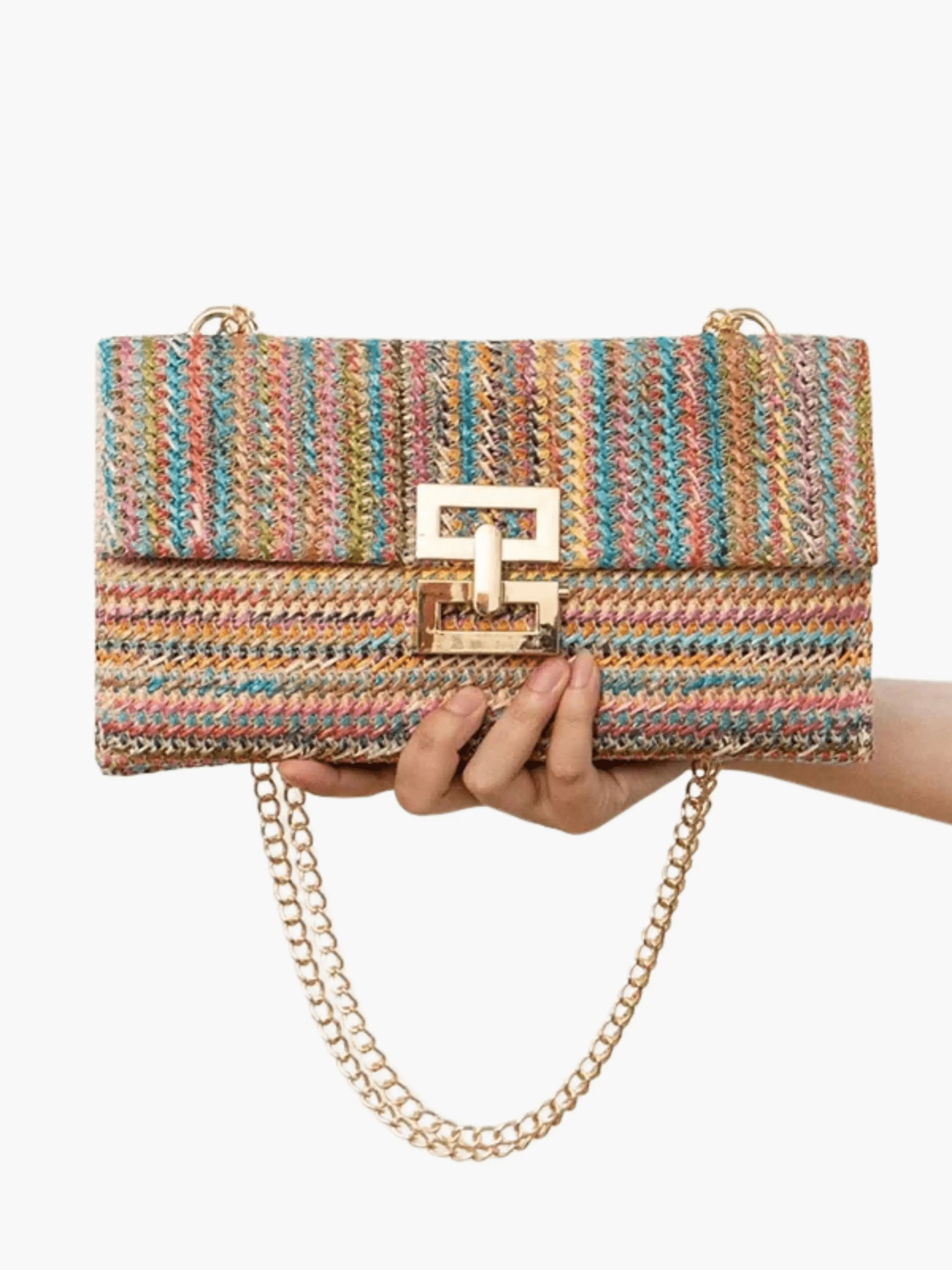 Soleil | Woven Raffia Chain Shoulder Bag – Effortless Chic - in Rainbow | Arvea Bags
