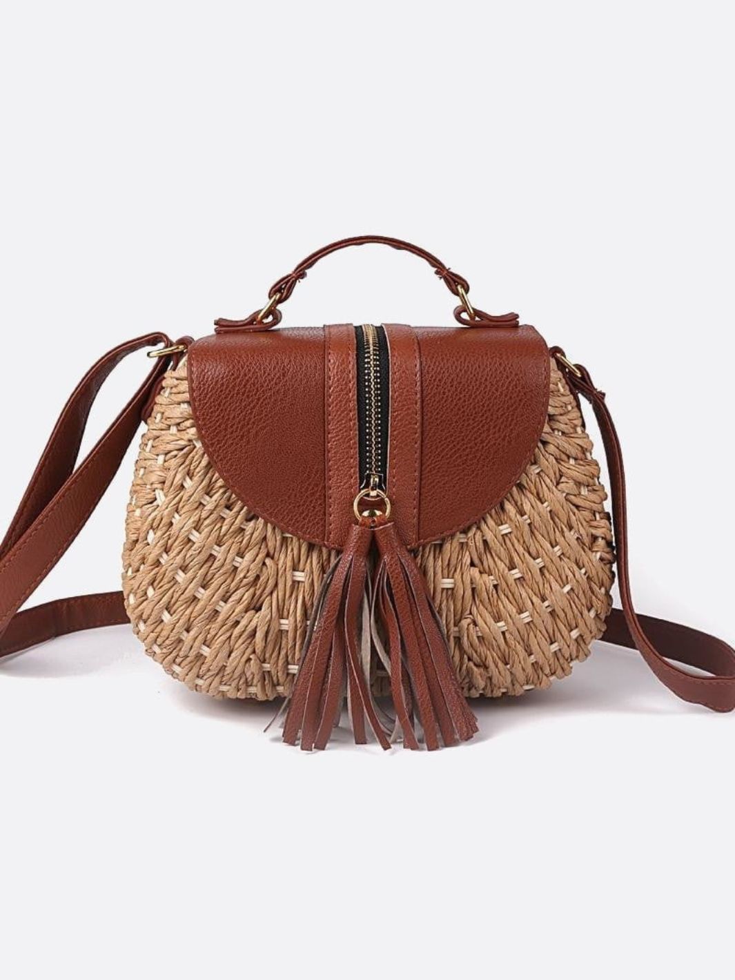 Solene Straw Saddle Bag – Woven Crossbody - in Beige | Arvea Bags