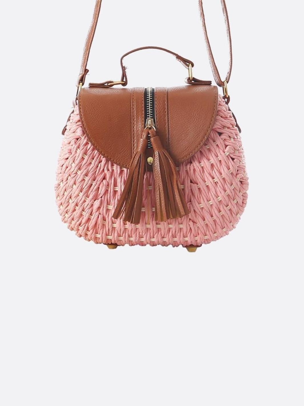 Solene Straw Saddle Bag – Woven Crossbody - in Salmon Pink | Arvea Bags
