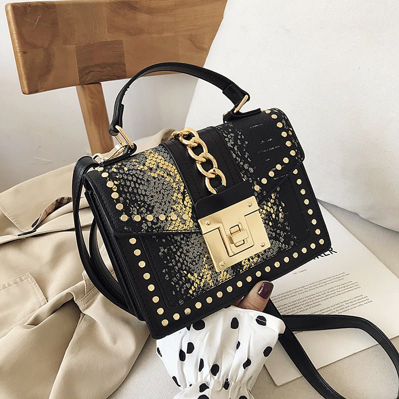 Statement Messenger Bag with Chain Detail and Python Texture - in Black | Arvea Bags