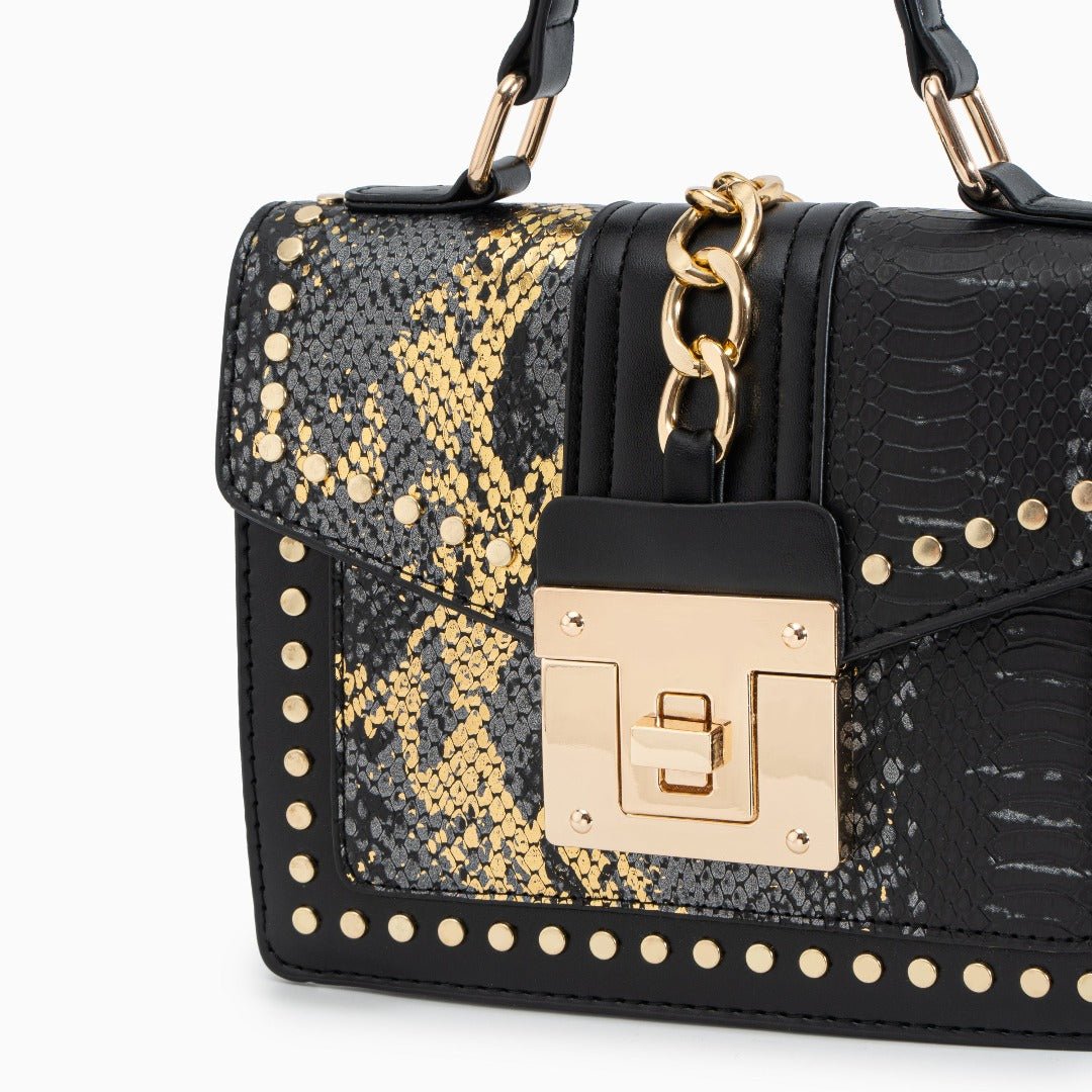 Statement Messenger Bag with Chain Detail and Python Texture - in Black | Arvea Bags