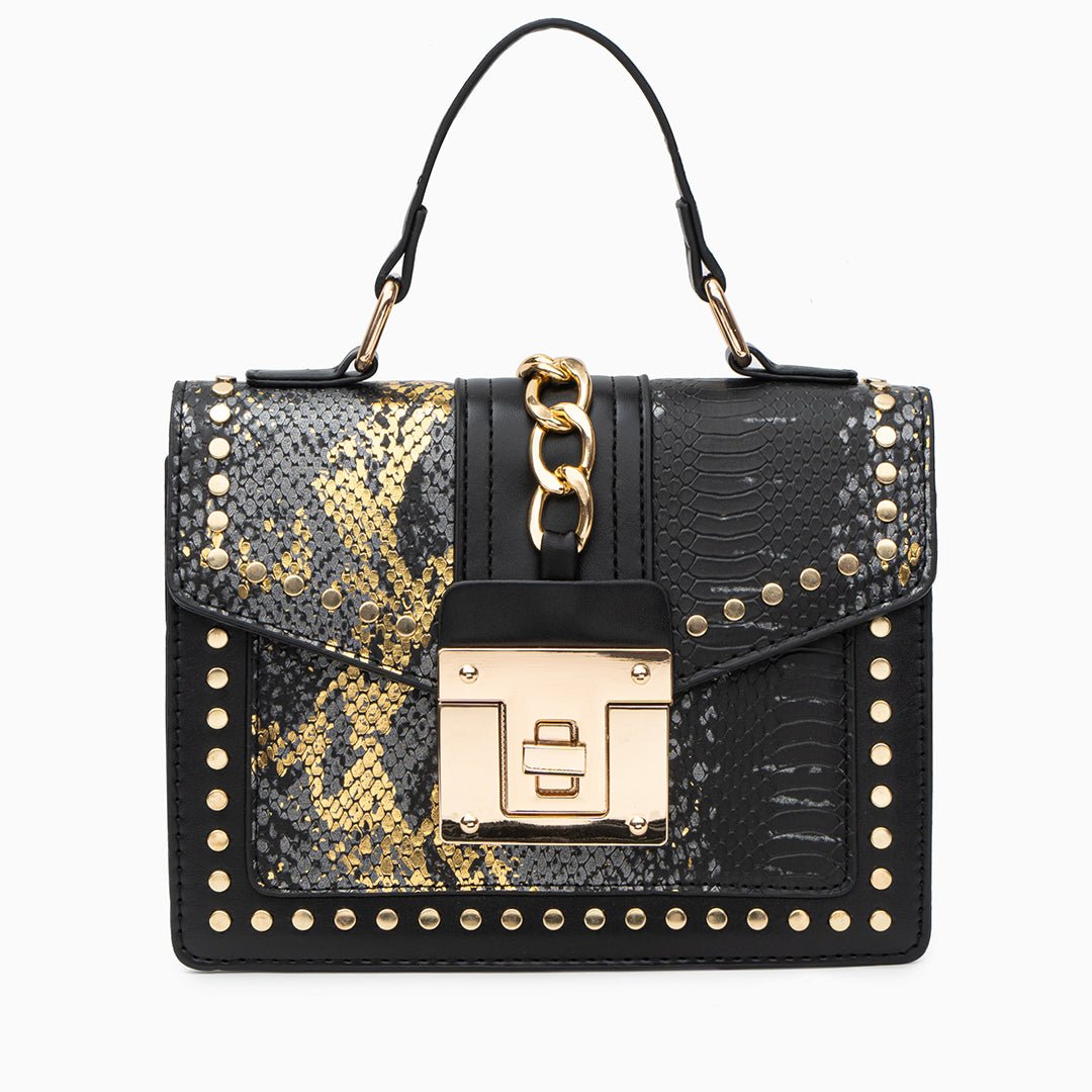 Statement Messenger Bag with Chain Detail and Python Texture - in Black | Arvea Bags