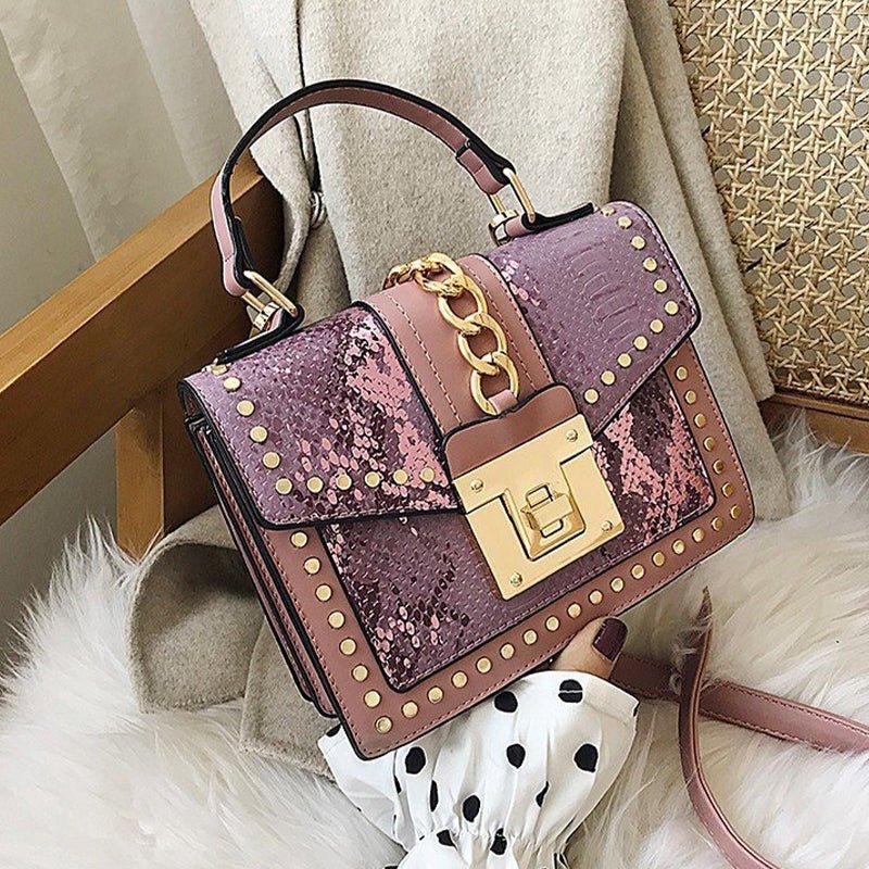 Statement Messenger Bag with Chain Detail and Python Texture - in Salmon Pink | Arvea Bags