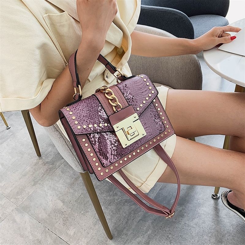 Statement Messenger Bag with Chain Detail and Python Texture - in Salmon Pink | Arvea Bags