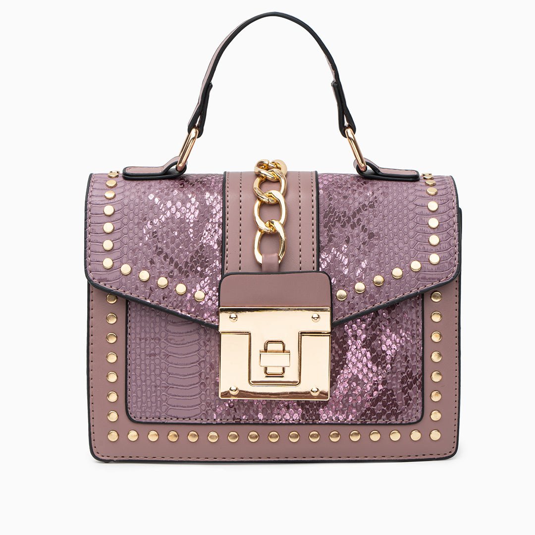 Statement Messenger Bag with Chain Detail and Python Texture - in Salmon Pink | Arvea Bags