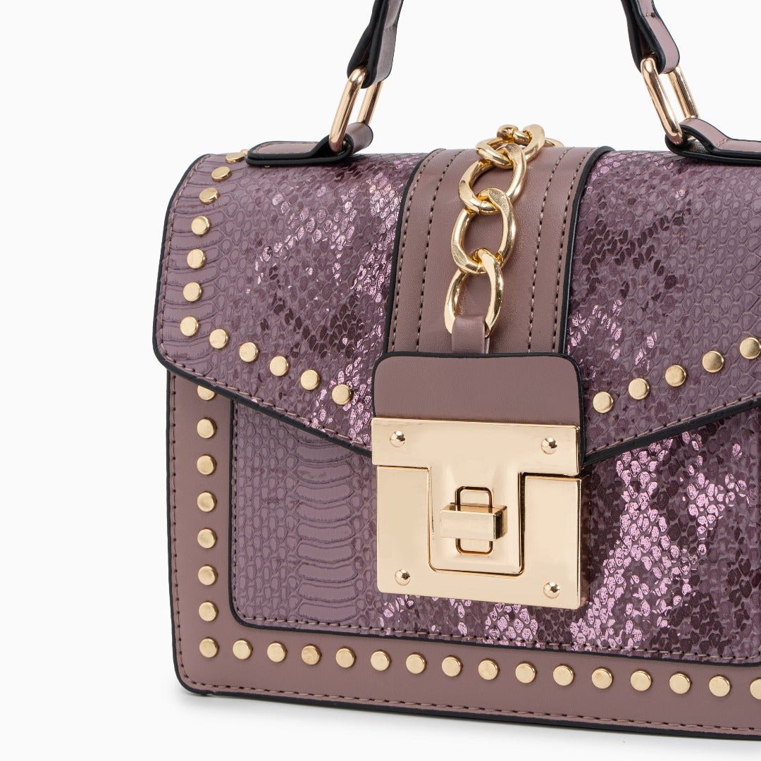 Statement Messenger Bag with Chain Detail and Python Texture - in Salmon Pink | Arvea Bags