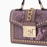 Statement Messenger Bag with Chain Detail and Python Texture - in Salmon Pink | Arvea Bags