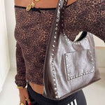 Stefani Studded Tote Bag – Chic Structured Handbag with Gold - Tone Detailing - in Brown | Arvea Bags
