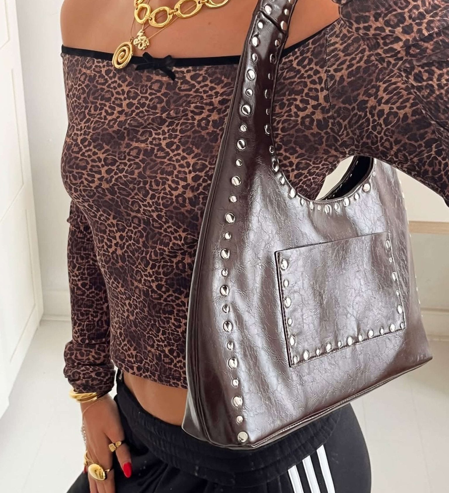 Stefani Studded Tote Bag – Chic Structured Handbag with Gold - Tone Detailing - in Brown | Arvea Bags