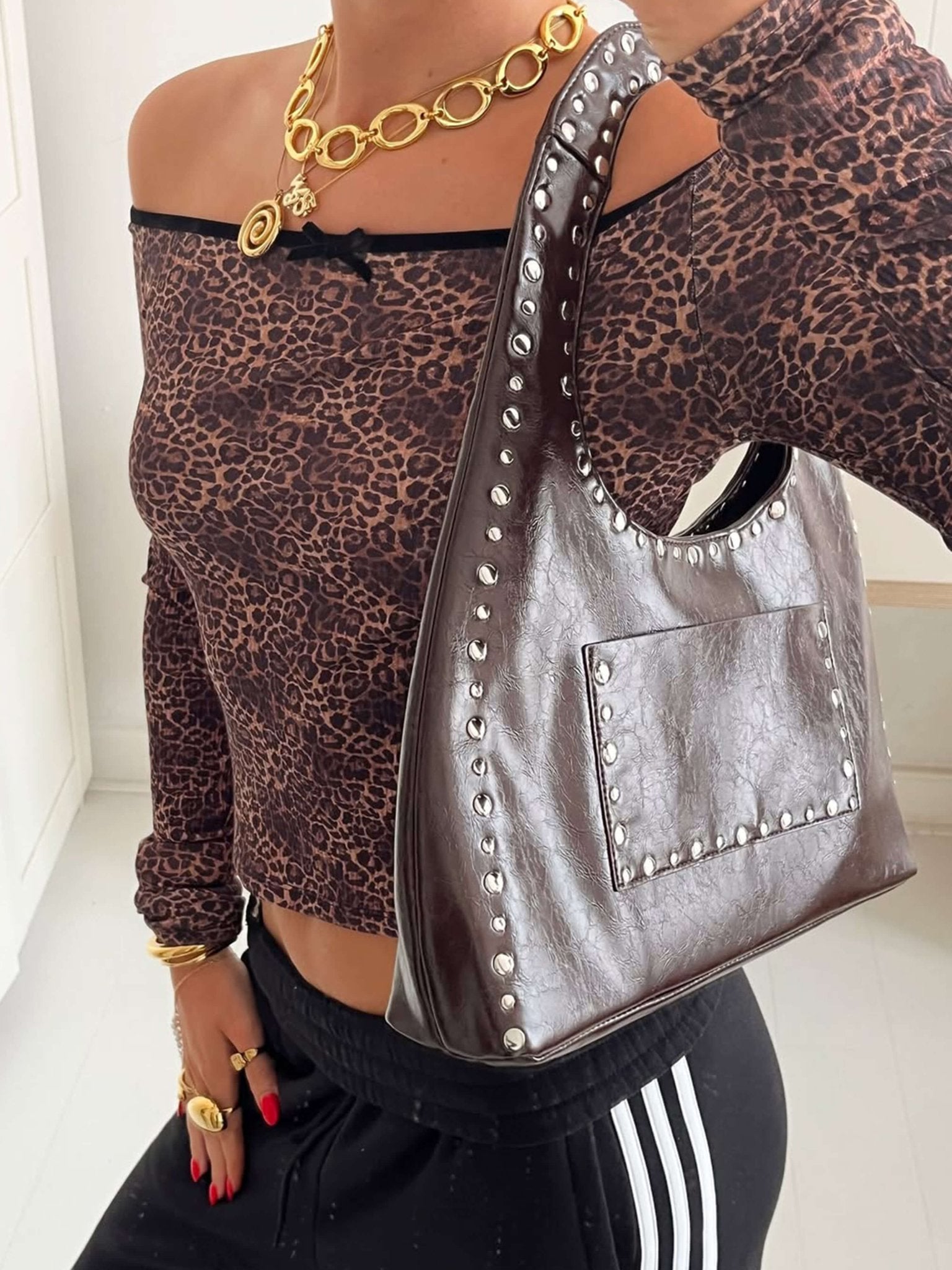 Stefani Studded Tote Bag – Chic Structured Handbag with Gold - Tone Detailing - in Brown | Arvea Bags