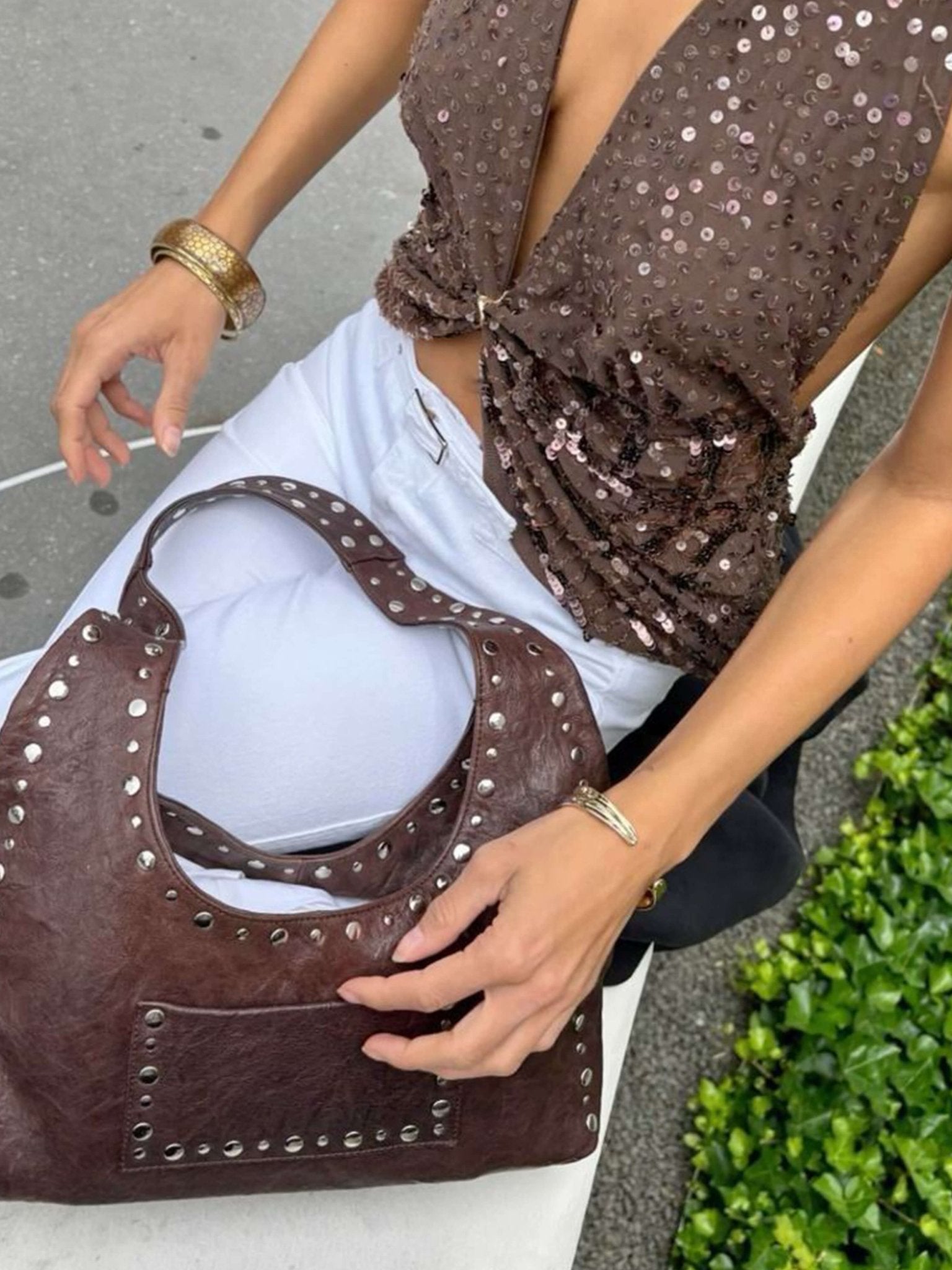 Stefani Studded Tote Bag – Chic Structured Handbag with Gold - Tone Detailing - in White | Arvea Bags