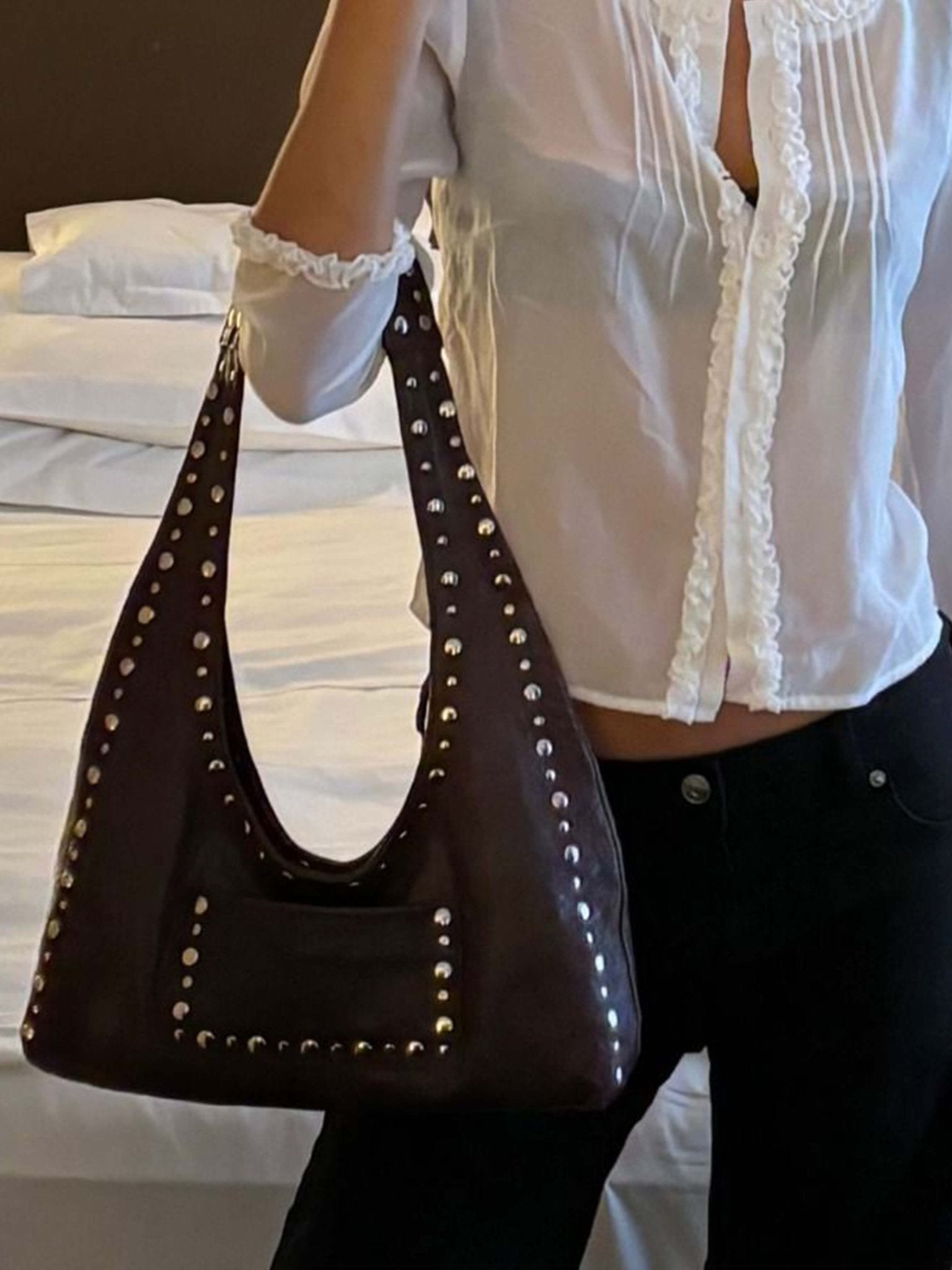Stefani Studded Tote Bag – Chic Structured Handbag with Gold - Tone Detailing - in White | Arvea Bags