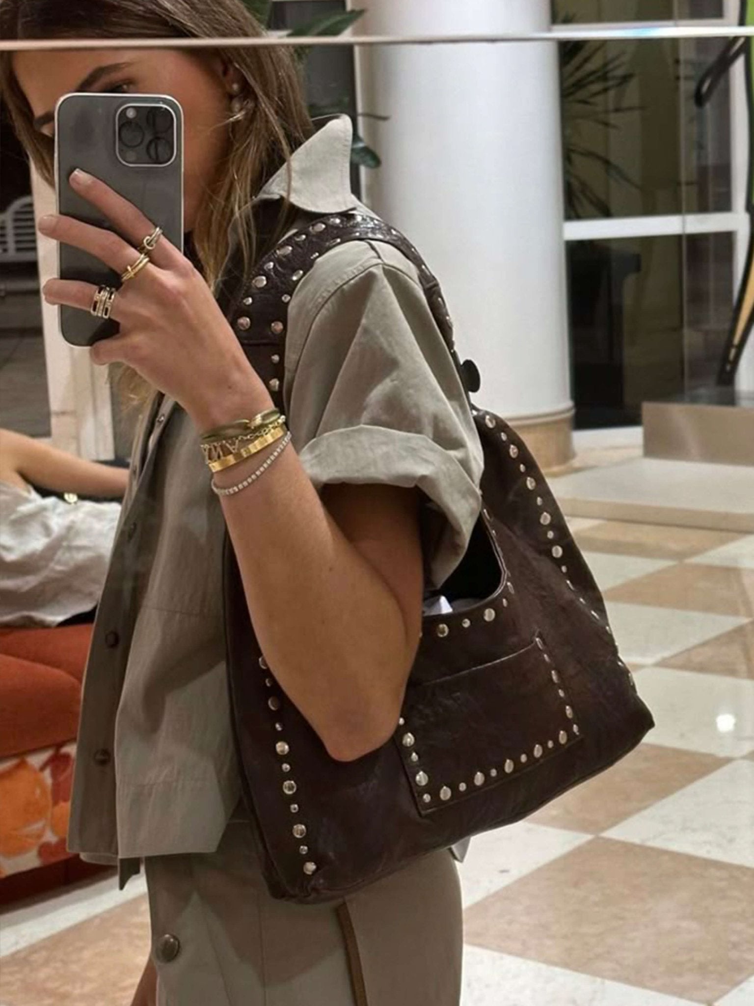 Stefani Studded Tote Bag – Chic Structured Handbag with Gold - Tone Detailing - in White | Arvea Bags