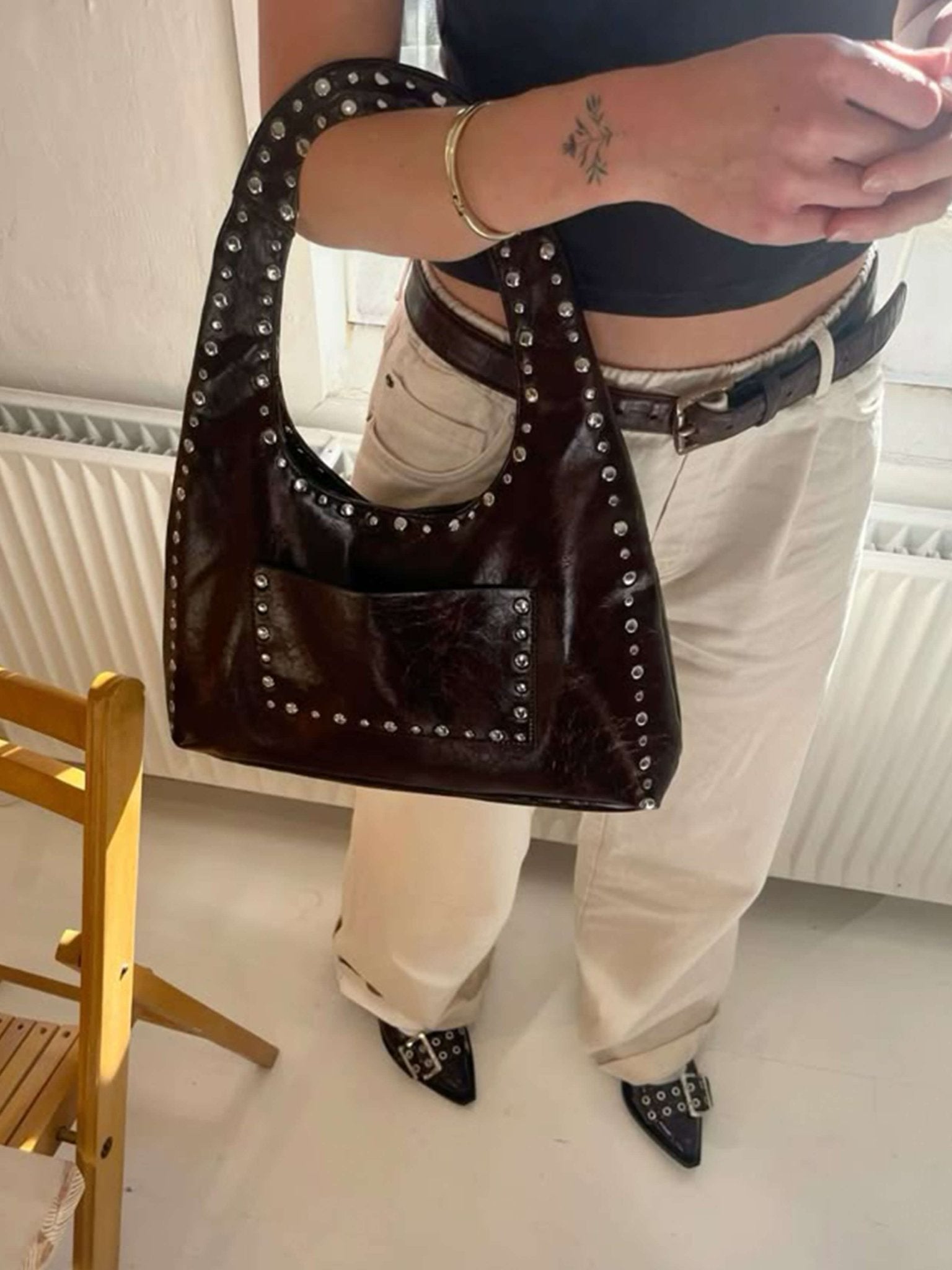 Stefani Studded Tote Bag – Chic Structured Handbag with Gold - Tone Detailing - in White | Arvea Bags