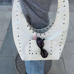 Stefani Studded Tote Bag – Chic Structured Handbag with Gold - Tone Detailing - in White | Arvea Bags