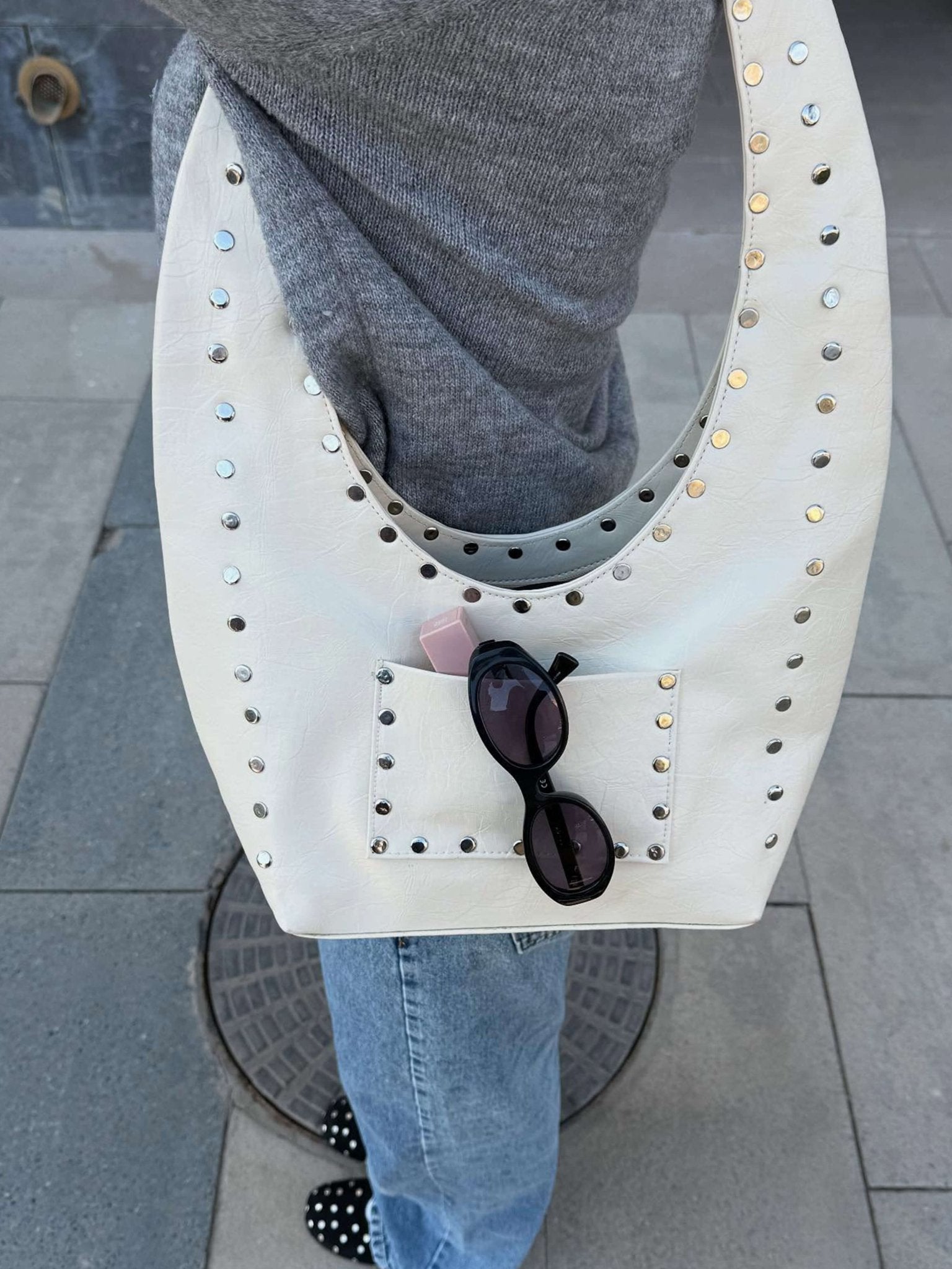 Stefani Studded Tote Bag – Chic Structured Handbag with Gold - Tone Detailing - in White | Arvea Bags