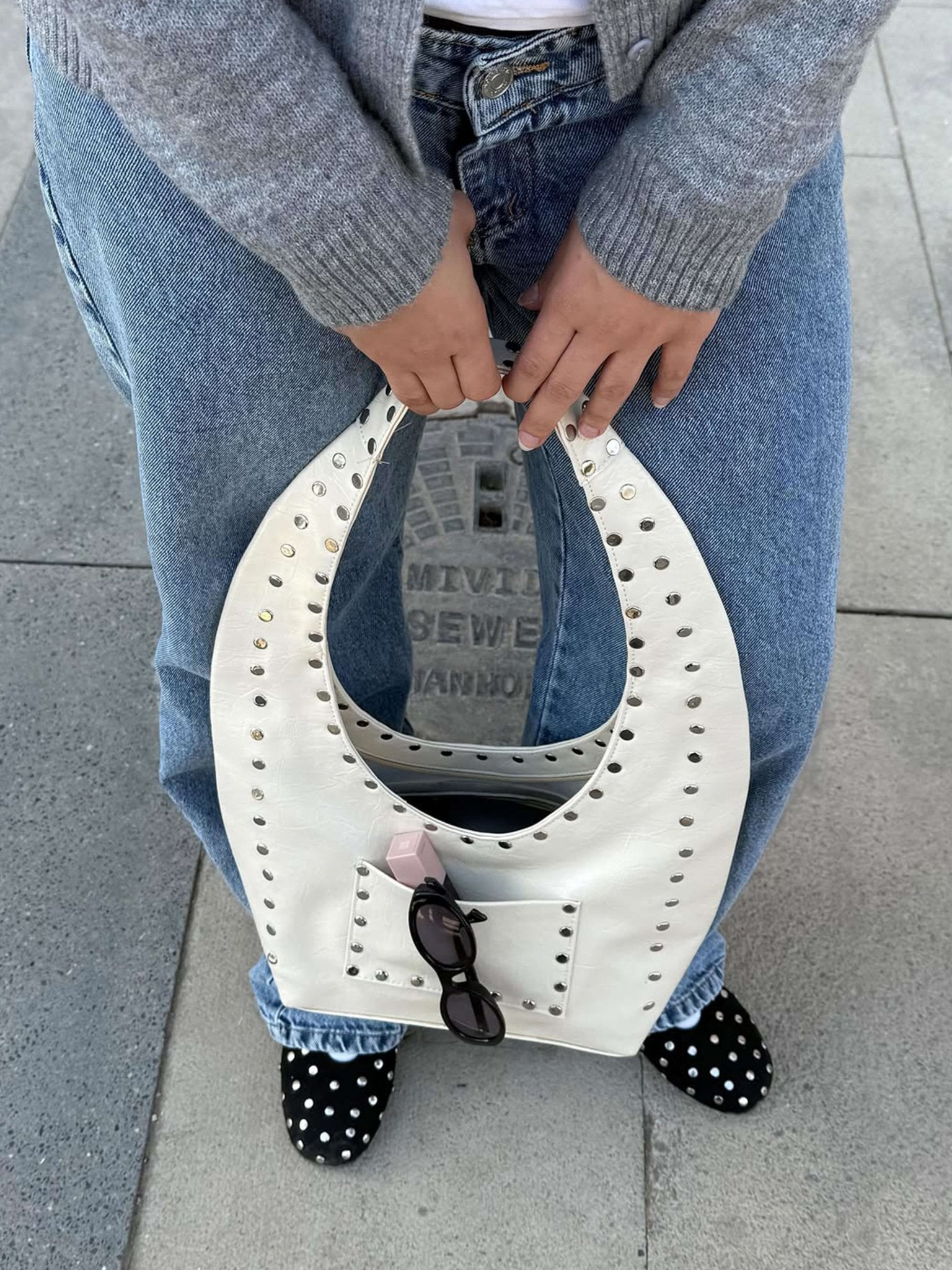 Stefani Studded Tote Bag – Chic Structured Handbag with Gold - Tone Detailing - in White | Arvea Bags