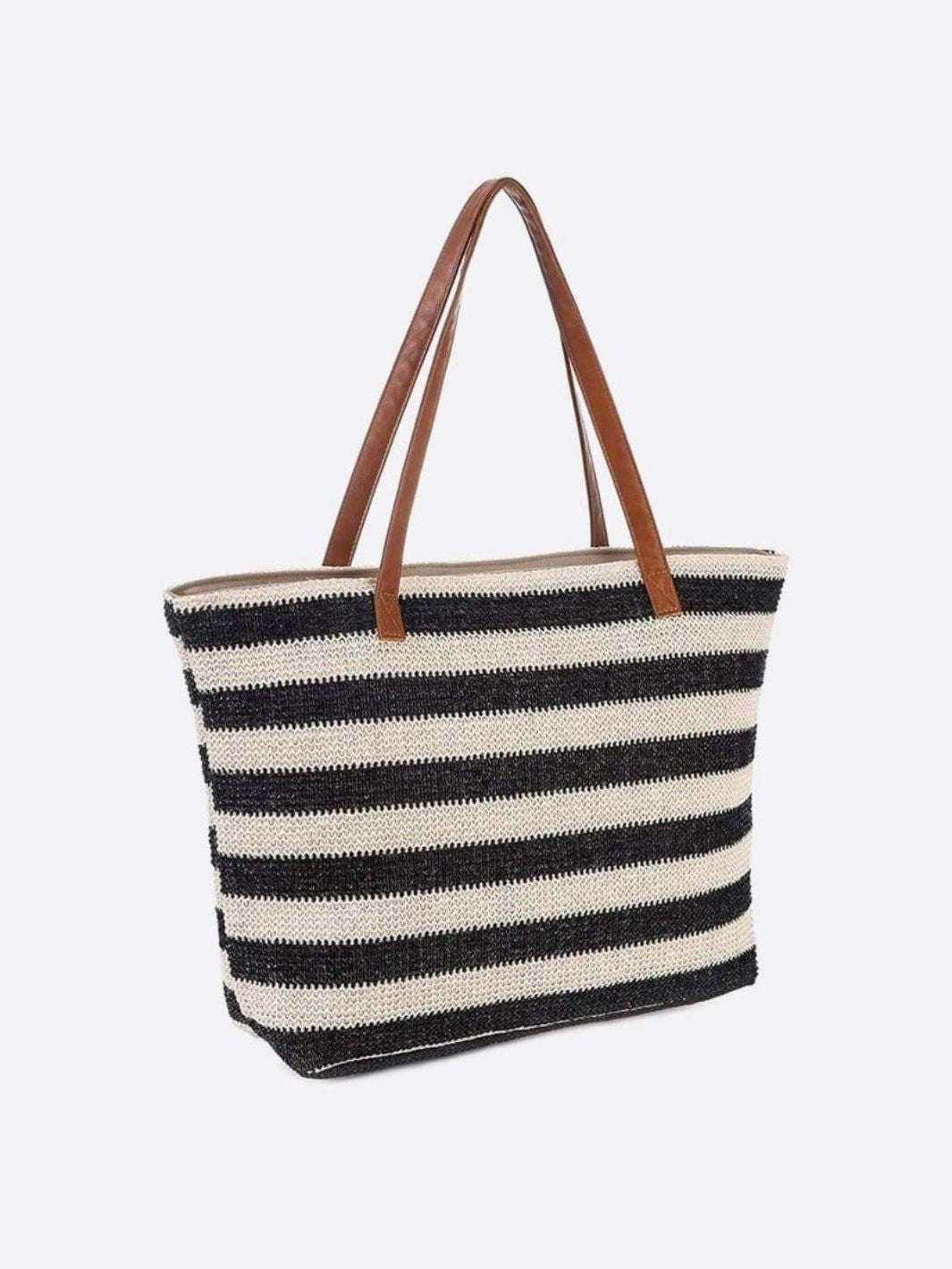 Striped Woven Tote Bag with Faux Leather Handles - in Black | Arvea Bags