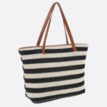Striped Woven Tote Bag with Faux Leather Handles - in Black | Arvea Bags