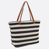 Striped Woven Tote Bag with Faux Leather Handles - in Black | Arvea Bags