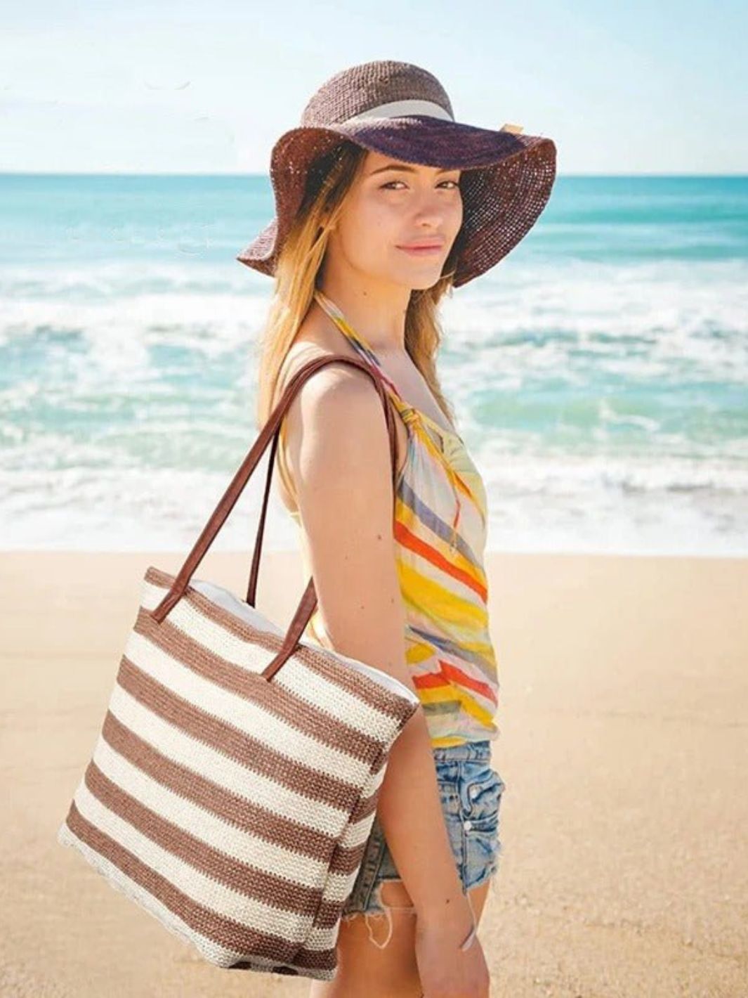 Striped Woven Tote Bag with Faux Leather Handles - in Light Brown | Arvea Bags