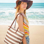 Striped Woven Tote Bag with Faux Leather Handles - in Light Brown | Arvea Bags