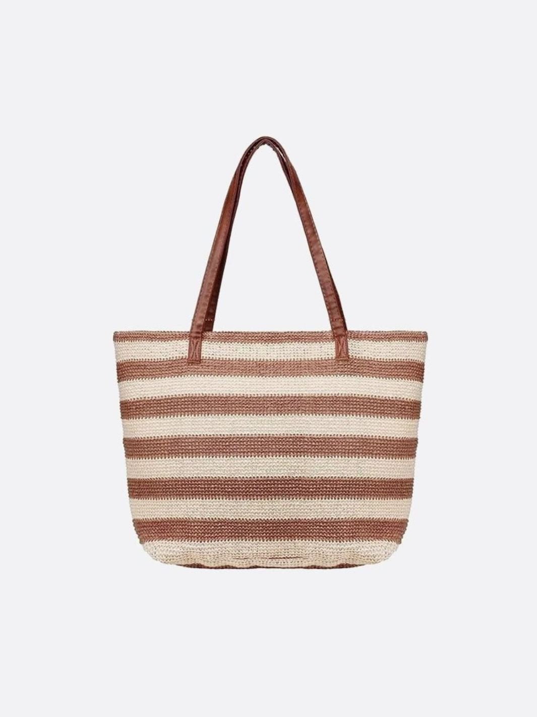 Striped Woven Tote Bag with Faux Leather Handles - in Light Brown | Arvea Bags