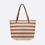Striped Woven Tote Bag with Faux Leather Handles - in Light Brown | Arvea Bags