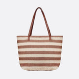 Striped Woven Tote Bag with Faux Leather Handles - in Light Brown | Arvea Bags