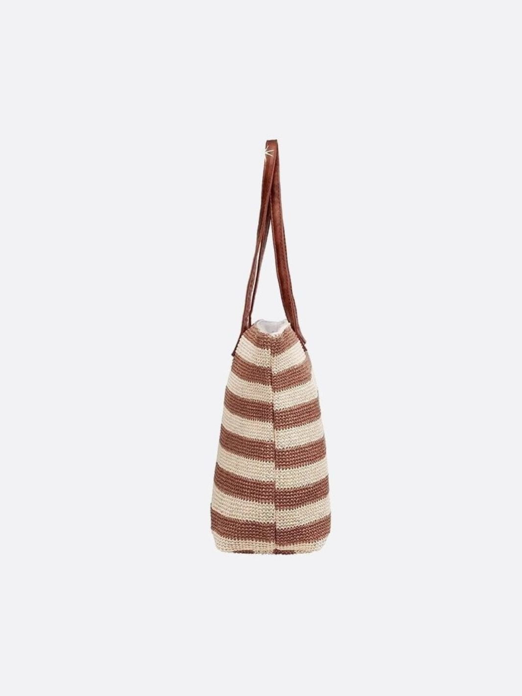 Striped Woven Tote Bag with Faux Leather Handles - in Light Brown | Arvea Bags