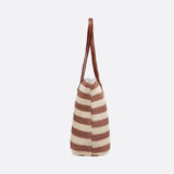 Striped Woven Tote Bag with Faux Leather Handles - in Light Brown | Arvea Bags