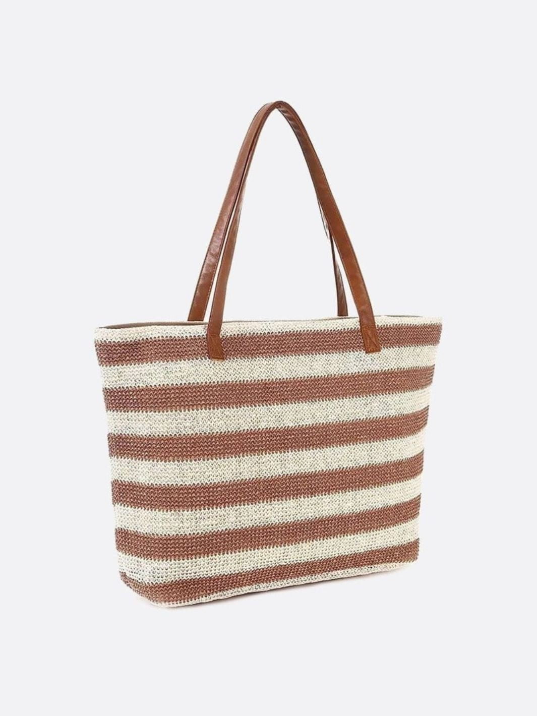 Striped Woven Tote Bag with Faux Leather Handles - in Light Brown | Arvea Bags