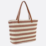 Striped Woven Tote Bag with Faux Leather Handles - in Light Brown | Arvea Bags