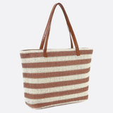 Striped Woven Tote Bag with Faux Leather Handles - in Light Brown | Arvea Bags