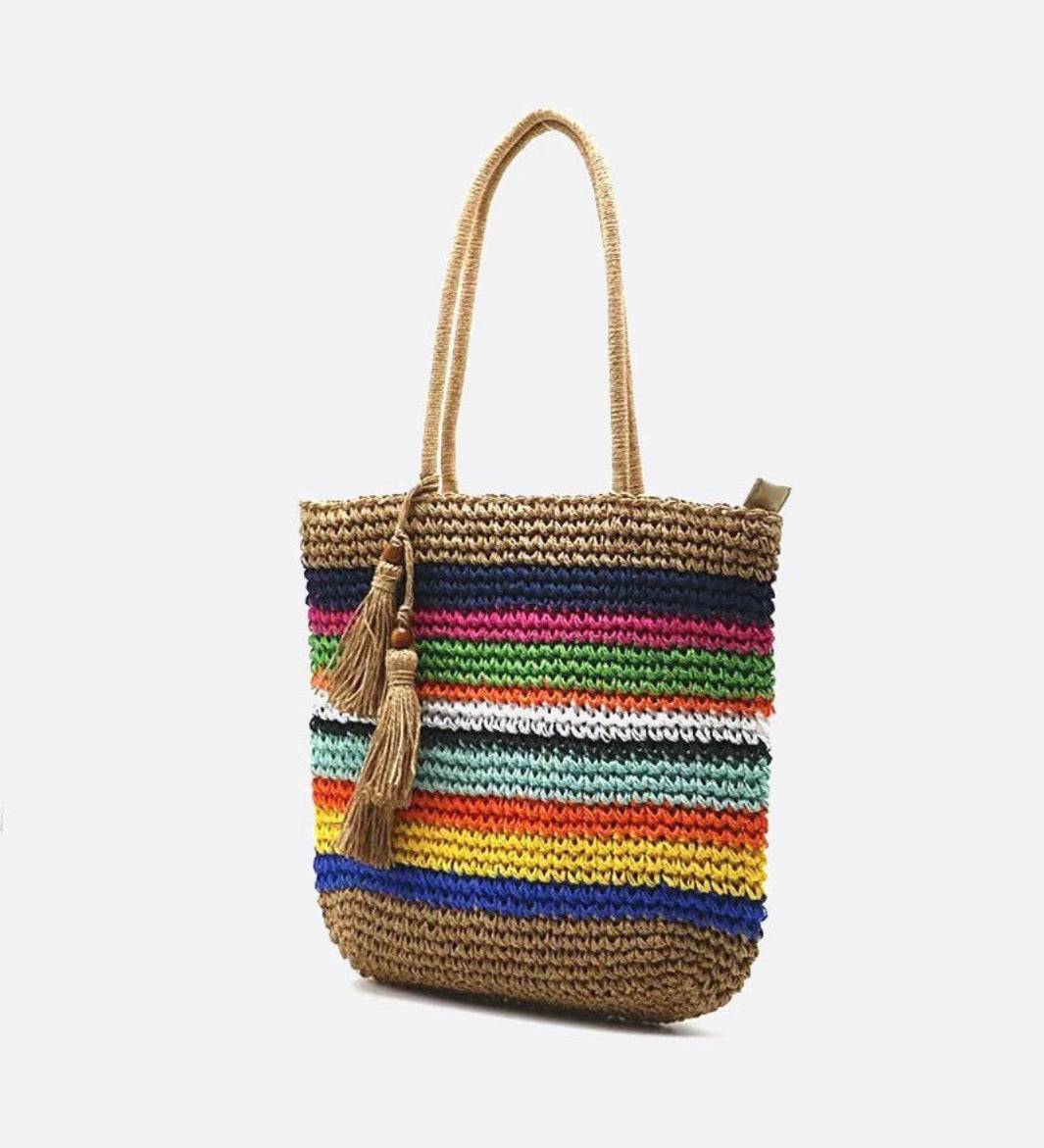 Striped Woven Tote Bag with Tassel Detail - in Mulicolor | Arvea Bags