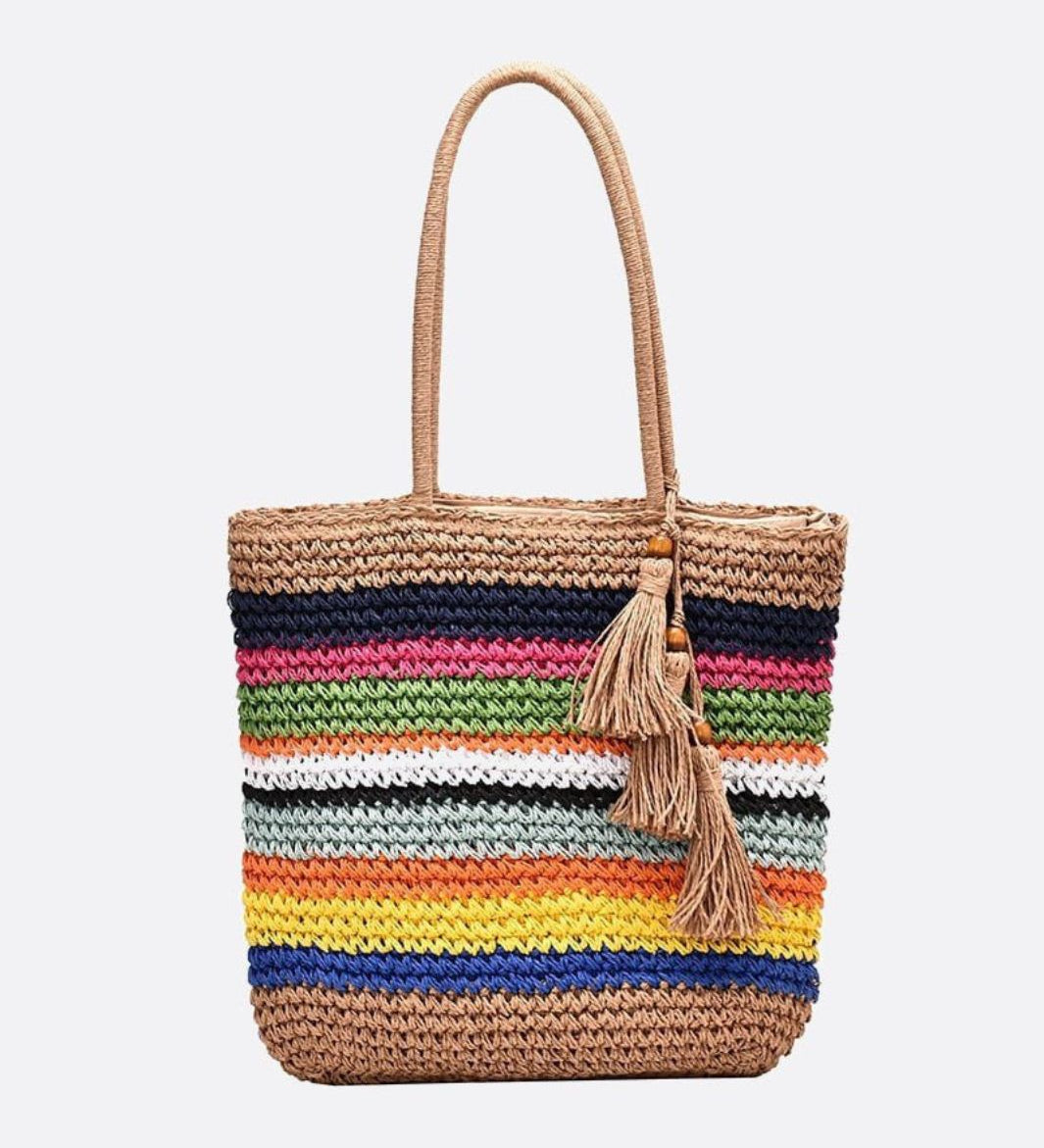Striped Woven Tote Bag with Tassel Detail - in Mulicolor | Arvea Bags