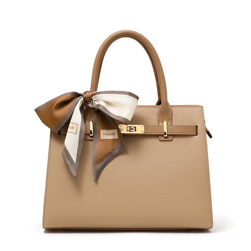 Structured Faux Leather Handbag – Classic Top Handle Design with Removable Scarf - in Beige | Arvea Bags