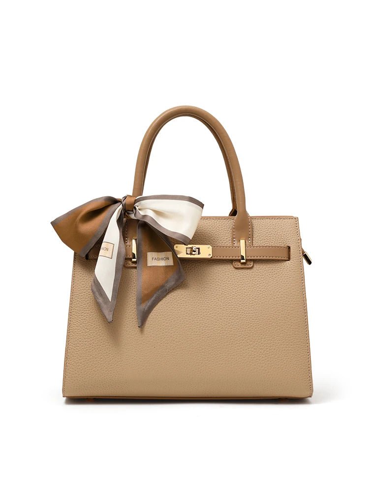 Structured Faux Leather Handbag – Classic Top Handle Design with Removable Scarf - in Beige | Arvea Bags