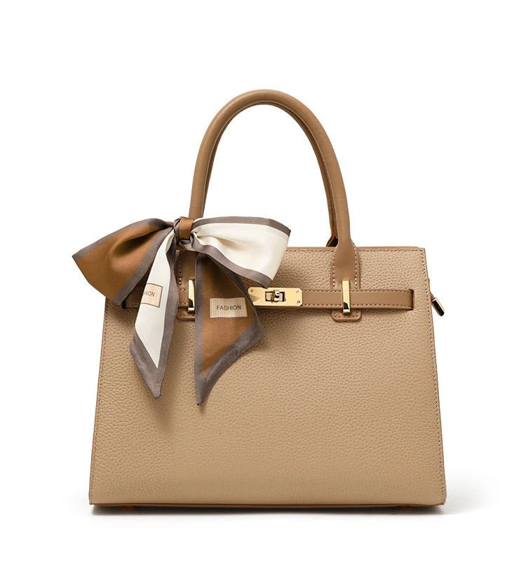 Structured Faux Leather Handbag – Classic Top Handle Design with Removable Scarf - in Beige | Arvea Bags