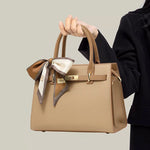 Structured Faux Leather Handbag – Classic Top Handle Design with Removable Scarf - in Beige | Arvea Bags