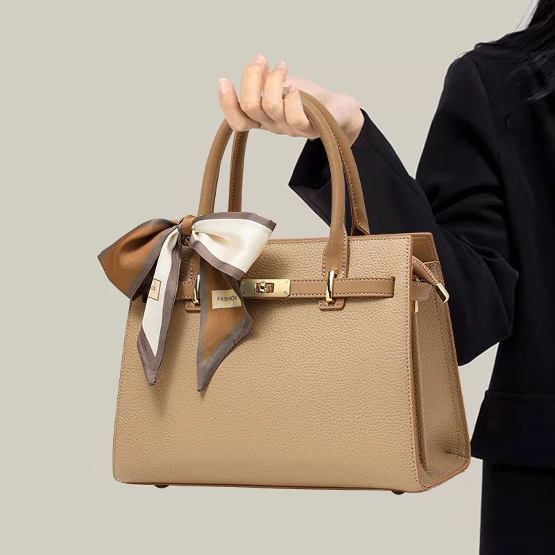 Structured Faux Leather Handbag – Classic Top Handle Design with Removable Scarf - in Beige | Arvea Bags