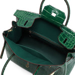 Structured Faux Leather Handbag – Glossy Croc Finish with Top Handle and Shoulder Strap - in Green Crocodile | Arvea Bags