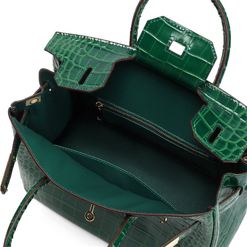 Structured Faux Leather Handbag – Glossy Croc Finish with Top Handle and Shoulder Strap - in Green Crocodile | Arvea Bags