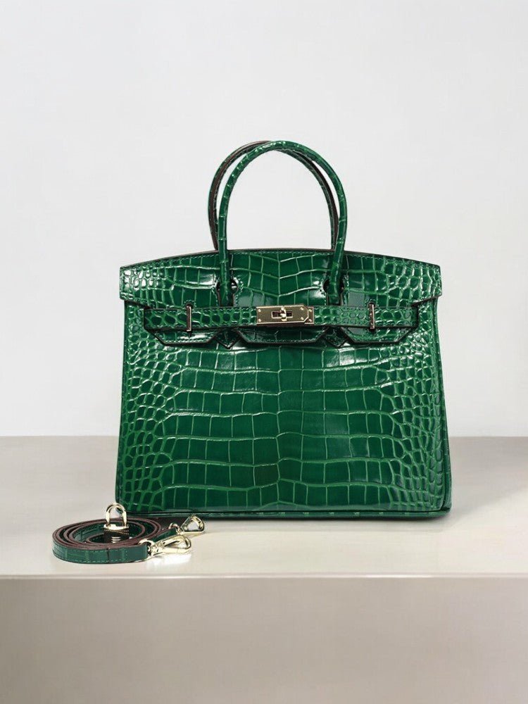 Structured Faux Leather Handbag – Glossy Croc Finish with Top Handle and Shoulder Strap - in Green Crocodile | Arvea Bags