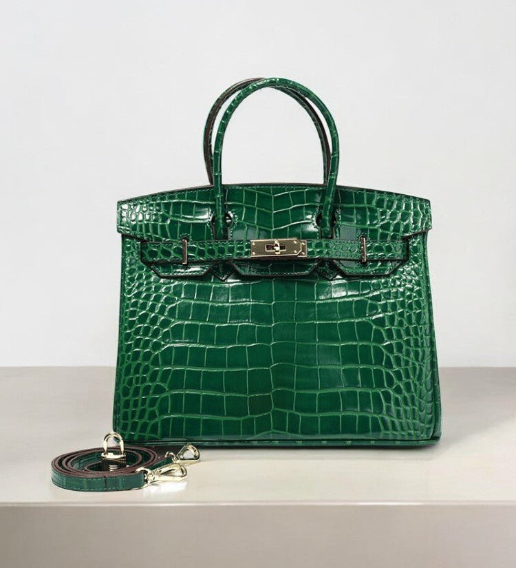 Structured Faux Leather Handbag – Glossy Croc Finish with Top Handle and Shoulder Strap - in Green Crocodile | Arvea Bags