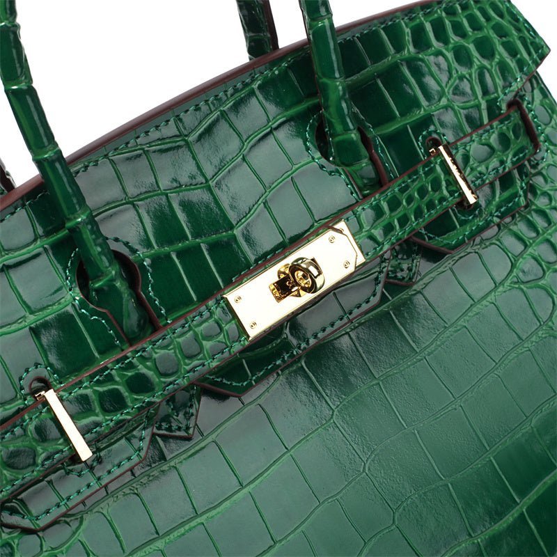 Structured Faux Leather Handbag – Glossy Croc Finish with Top Handle and Shoulder Strap - in Green Crocodile | Arvea Bags