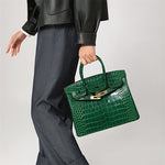 Structured Faux Leather Handbag – Glossy Croc Finish with Top Handle and Shoulder Strap - in Green Crocodile | Arvea Bags