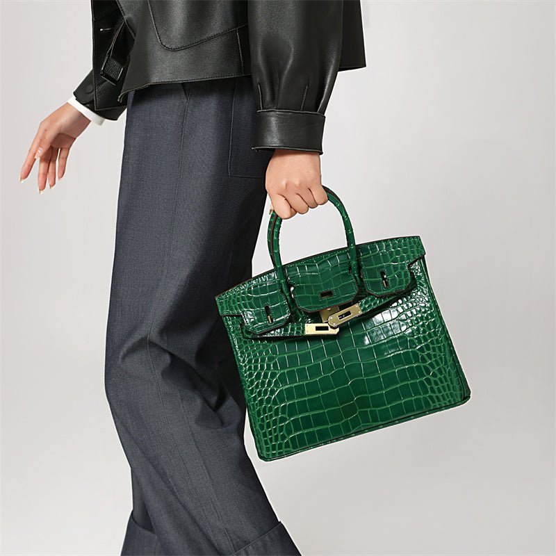 Structured Faux Leather Handbag – Glossy Croc Finish with Top Handle and Shoulder Strap - in Green Crocodile | Arvea Bags